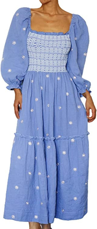 AnotherChill Women's Casual Embroidered Maxi Dress Floral Flowy Square Neck Dresses with Puff Sle... | Amazon (US)