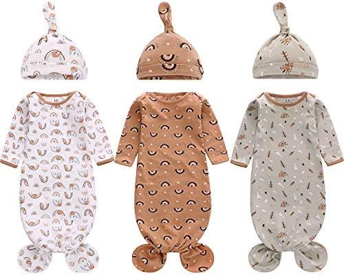 Newborn Knotted Nightgown Long Sleeve with Matching Hat Set 3 Pack, Cotton Baby Sleeper Gowns Sleepi | Amazon (US)