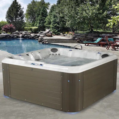 Amplified™ 7-Person 100-Jet Lounger Hot Tub Spa with Bluetooth Stereo, 3 Pumps, LED Lighting, Stainless Steel Heater and Ozonator, Insulated Cover Inc | Wayfair North America