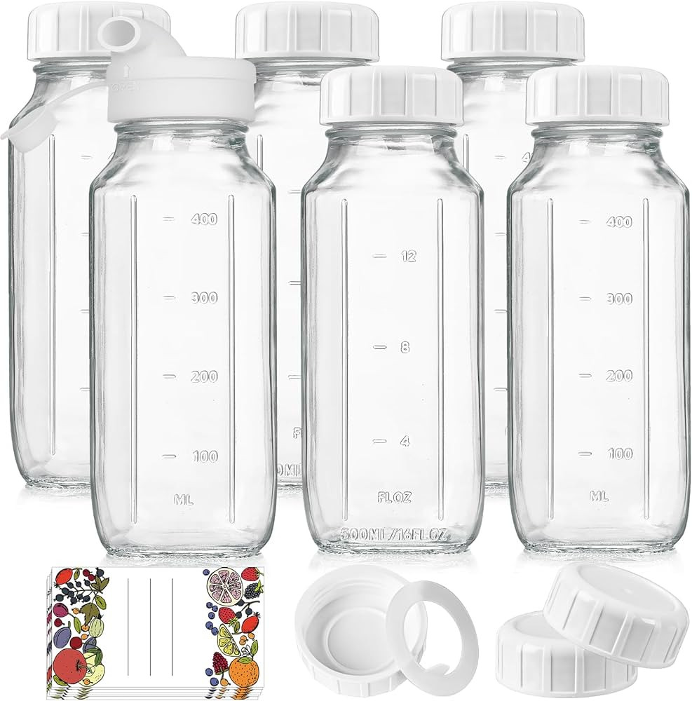 6 Pack 16 Oz Glass Juice Bottles w Pour Spout, 100% Airtight Heavy Duty SCREW Lid- Reusable Glass... | Amazon (US)