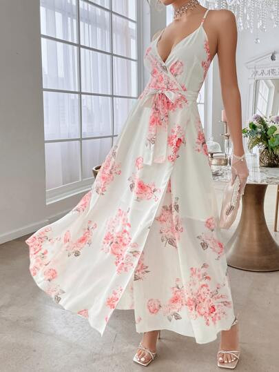 Floral Print Belted Wrap Cami Dress | SHEIN