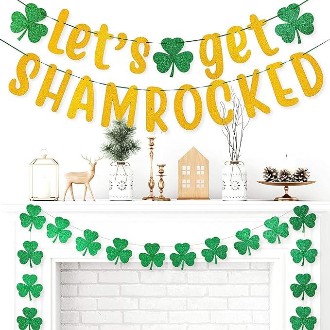 Whaline 3pcs St. Patrick's Day Banner Decoration 7.5 Inch Gold Glittery Let's Get Shamrocked Bann... | Amazon (US)