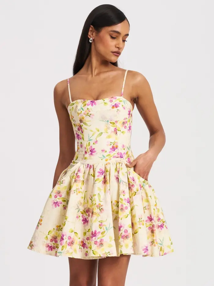 Valda Print Linen Mini Dress with Pockets Yellow Floral Dress Yellow Mini Dress Yellow Dress Outfit | Nordstrom