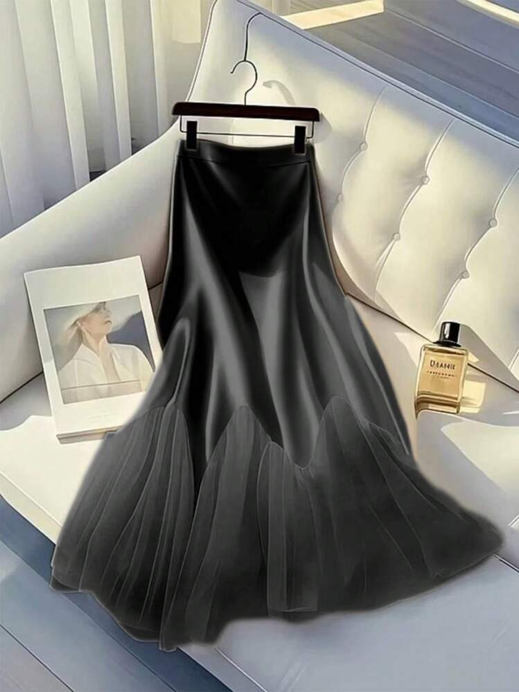 Franclia Women's Elegant Mesh Patchwork Beige A-Line Skirt | SHEIN