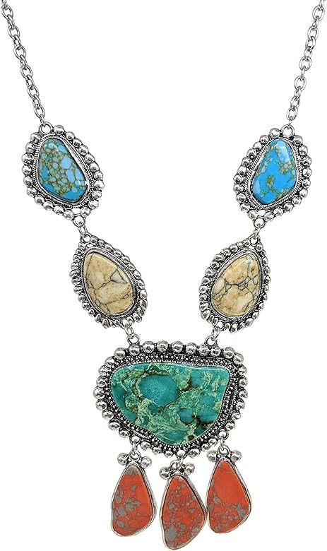 Elosee Turquoise Stone Western Style Bib Statement Pendant Long Necklace 27 Inch | Amazon (US)