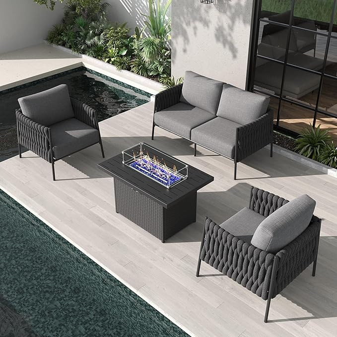 LayinSun 4 Piece Outdoor Furniture Set with Fire Pit Table, Modern Rope Woven Patio Conversation ... | Amazon (US)
