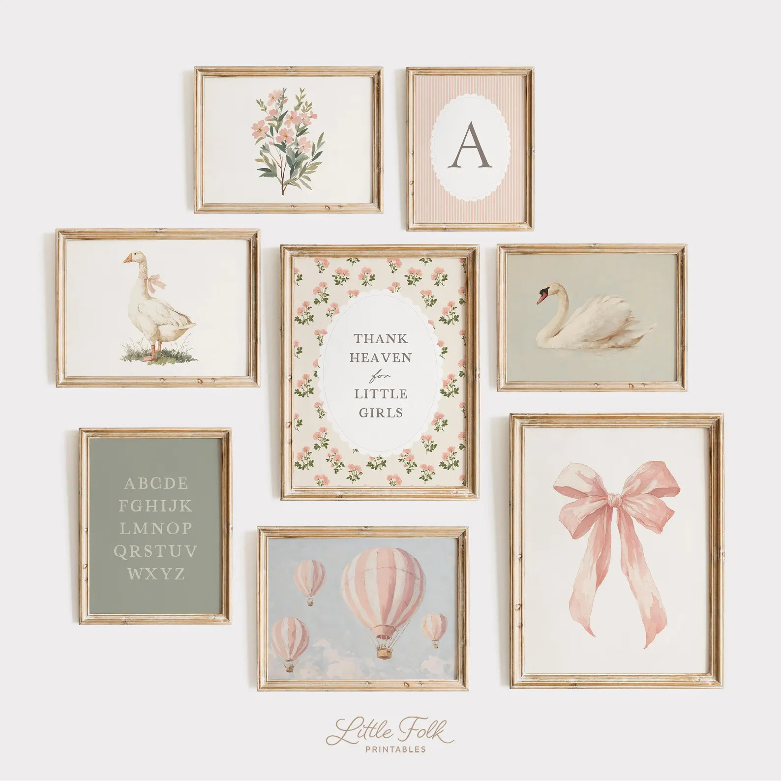 Vintage Girl Nursery Wall Art, Cottagecore Nursery Prints, Pink and Sage Girls Room Decor - Etsy | Etsy (US)