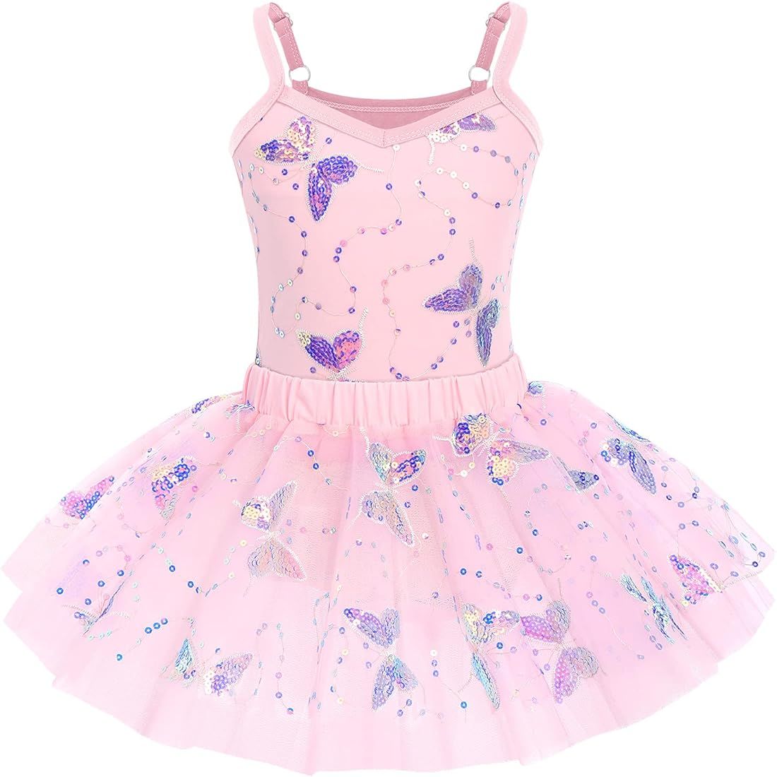 AFAVOM Girls Butterfly Sequin Camisole Ballet Dance Dress Glitter Ruffle Tutu Skirt Leotard Balle... | Amazon (US)