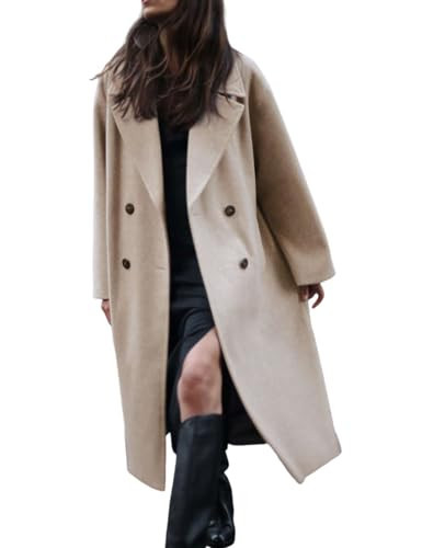 Gihuo Women's Notched Collar Wool Blend Pea Coat Winter Double Breasted Trench Coat Long Oversized Button Down Overcoats(Apricot-S) | Amazon (US)
