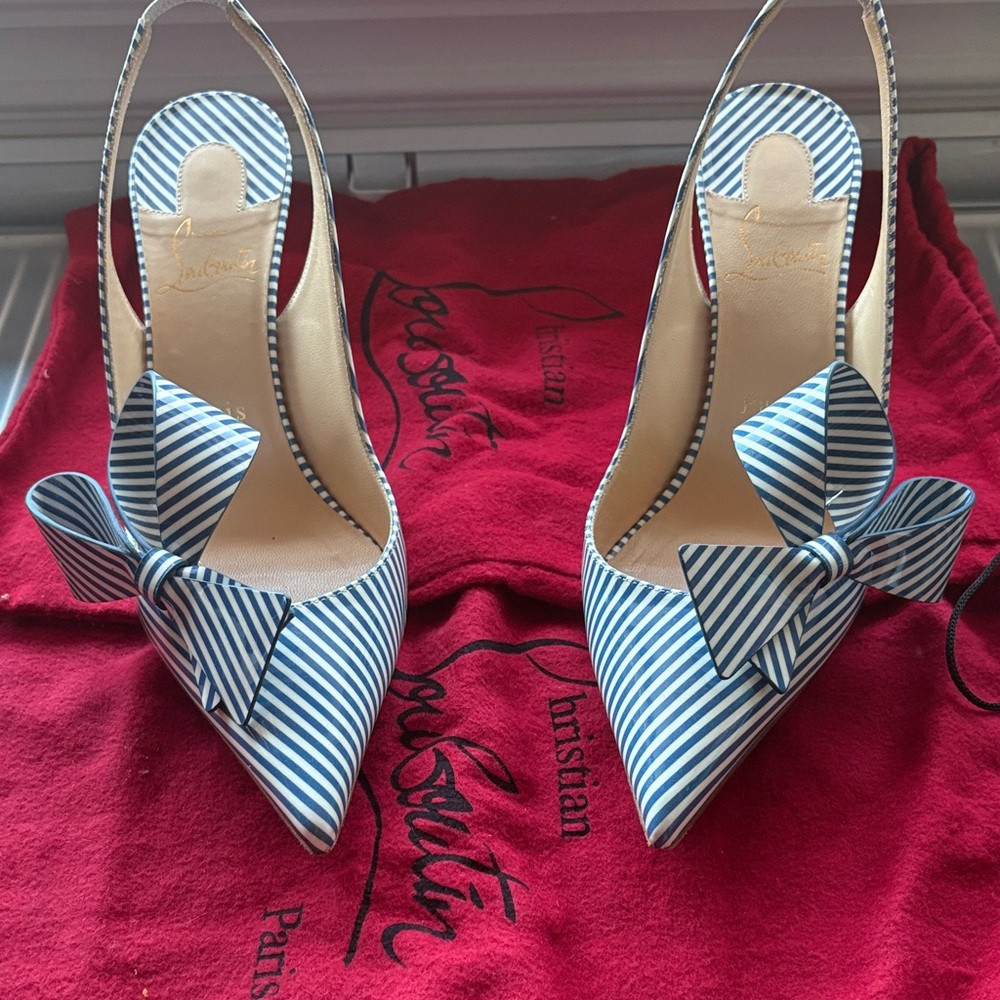 Christian Louboutin Blue and White Striped Slingback Heels | Poshmark