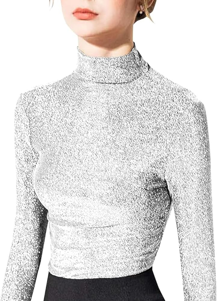 Women's Slim Fit Long Sleeve Sequin Turtleneck Sparkle Tee Glitter Blouse Tops | Amazon (US)