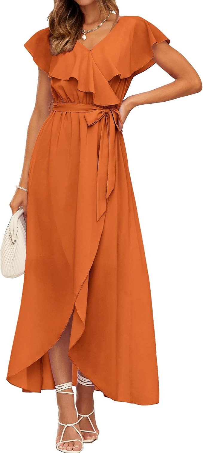 BTFBM Women's Summer Chiffon Maxi Dresses Deep V Neck Ruffle Short Sleeve Beach Party Cocktail Fl... | Amazon (US)