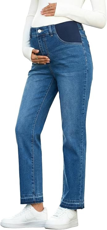 BLENCOT Women Maternity Jeans High-Rise Elastic Waist Pregnancy Pants Work Straight Leg Jean Pock... | Amazon (US)
