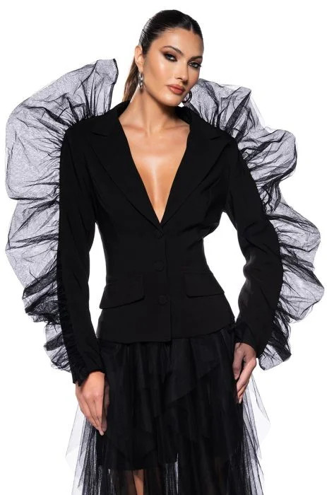HOLIDAY CHEER TULLE EMBELLISHED BLAZER IN BLACK | AKIRA