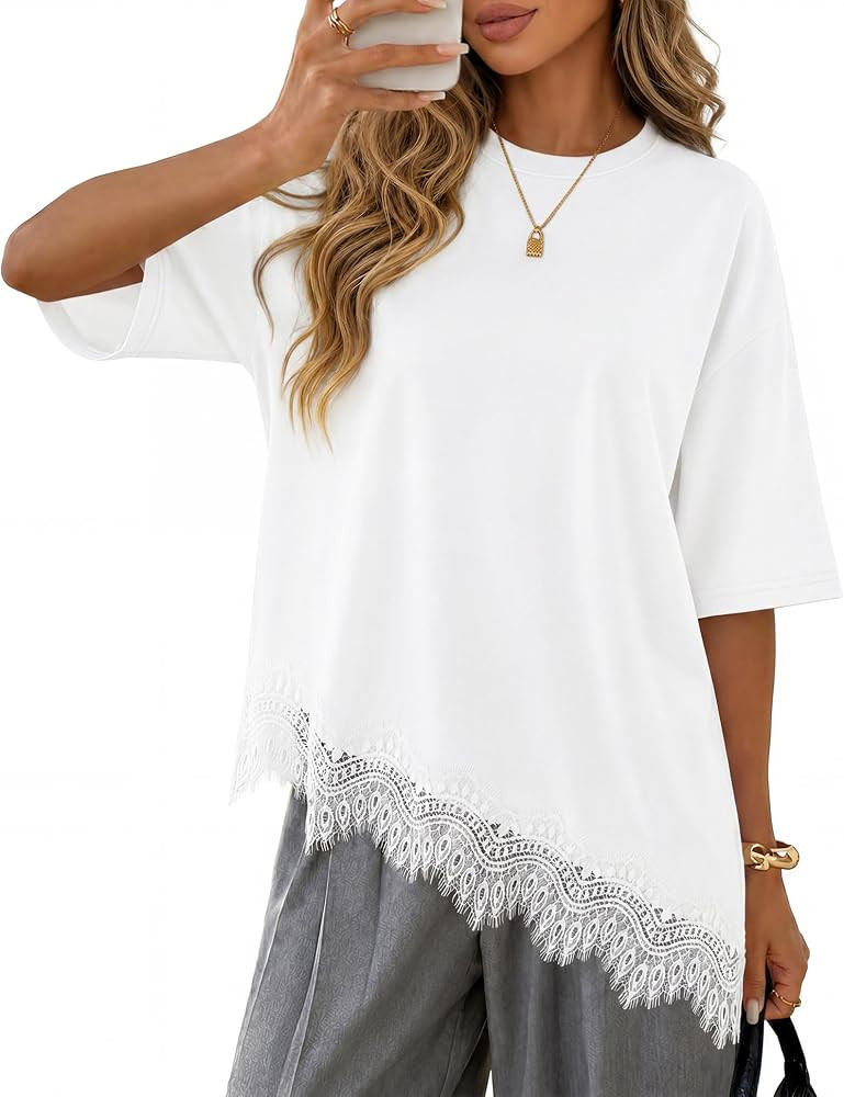 ZESICA Women's Summer Oversized T-Shirts Asymmetrical Lace Going Out Tops | Amazon (US)