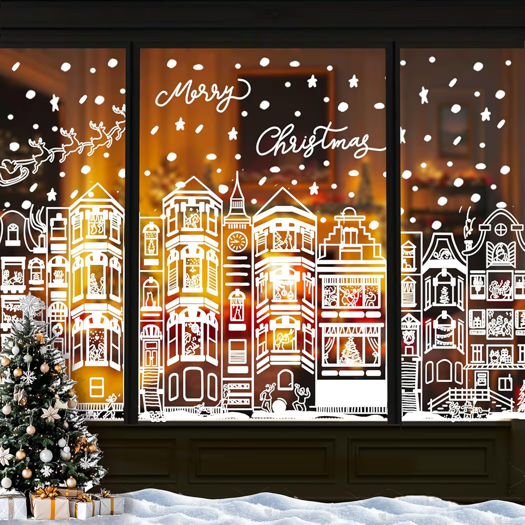 DIYDEC 15.1 * 27.3'' Large Christmas Window Clings 4Pcs Xmas White House Window Stickers for Glas... | Amazon (US)