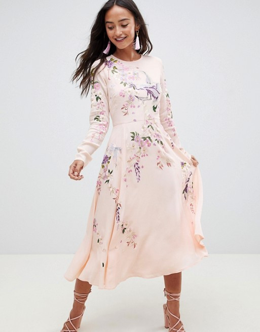 ASOS DESIGN midi dress with pretty floral and bird embroidery | ASOS US