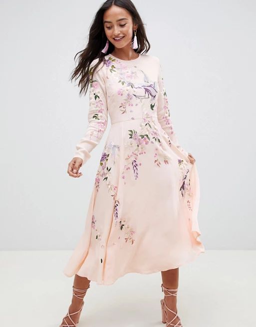 ASOS DESIGN midi dress with pretty floral and bird embroidery | ASOS US