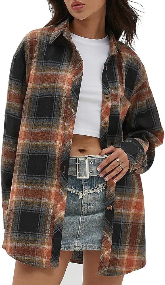 CHYRII Womens Button Down Flannel Shirts Long Sleeve Plaid Shackets Business Casual Blouse Top | Amazon (US)