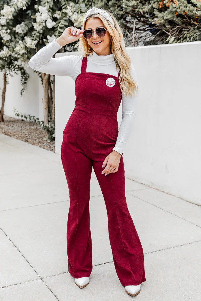 Come On Through Wine Corduroy Flared Overalls | Pink Lily