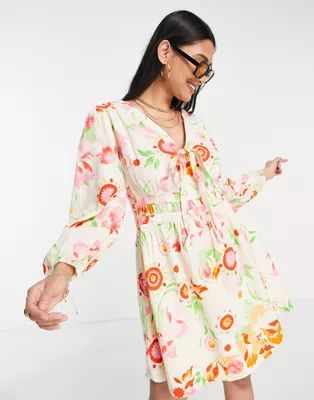 River Island tie front floral mini dress in cream | ASOS | ASOS (Global)