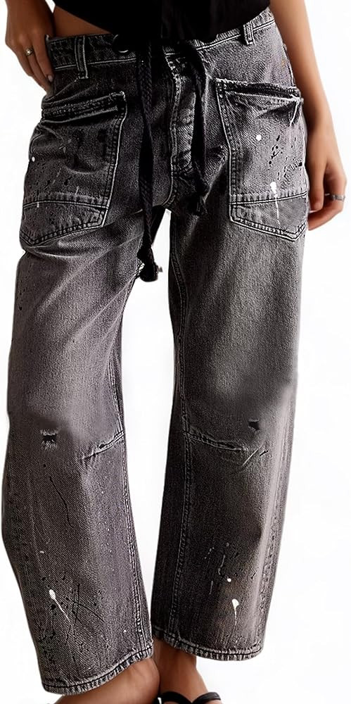 Womens Moxie Pull-On Barrel Jeans Mid-Low Rise Boyfriend Drawstring Ankle Baggy Elastic Waist Str... | Amazon (US)