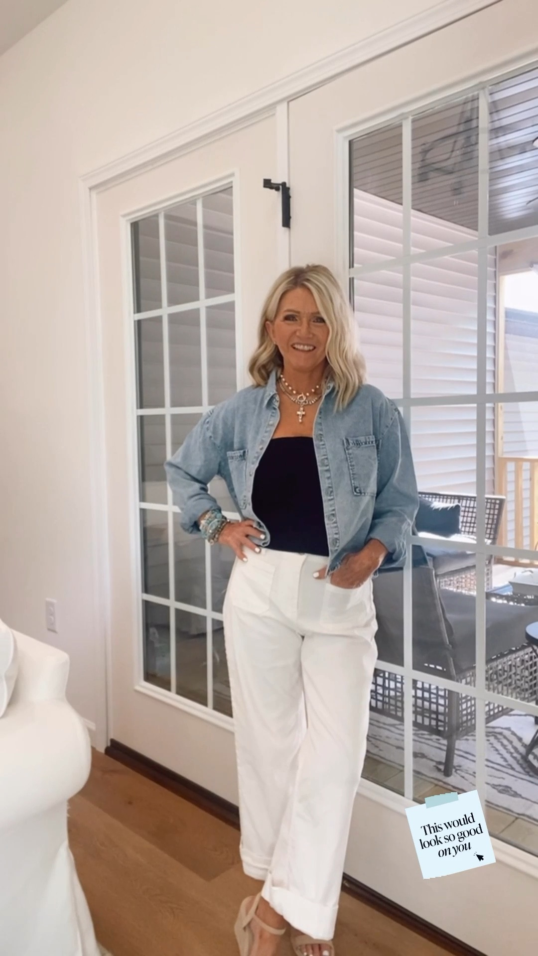 Lightweight layers for when summer’s still here, but fall is clearing its throat 🍂☀️ Cropped chambray + crisp white wide-legs + khaki wedges = effortless cool for breezy evenings or chilly A/C. Just add your sparkle and you’re golden!

#LTKStyleTip #LTKFindsUnder50 #LTKWorkwear