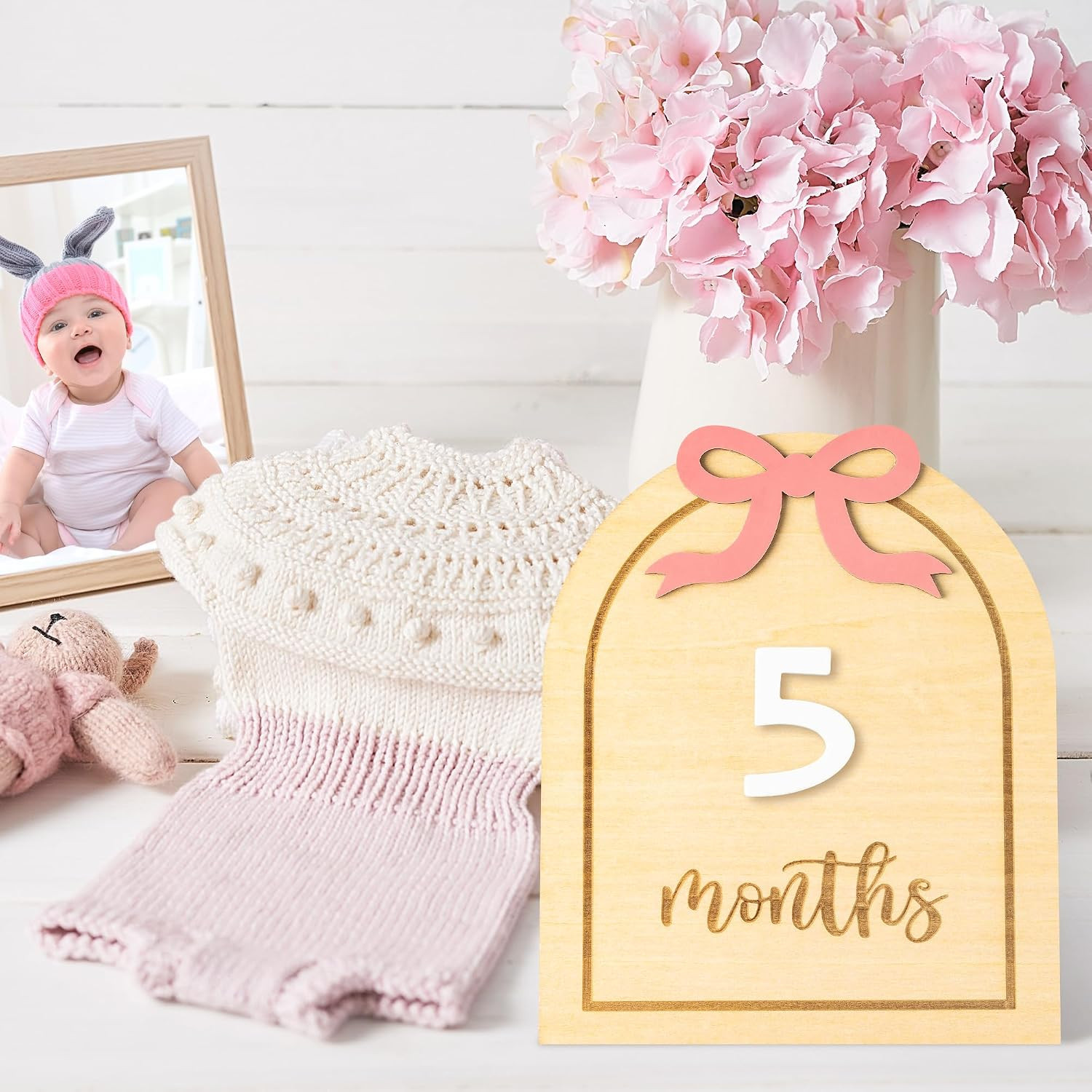 R HORSE Baby Monthly Milestone Cards, 3D Coquette Pink Bow Wooden Monthly Milestone Discs with Nu... | Amazon (US)