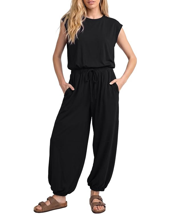 Jumpsuits for Women 2026 Casual Cap Sleeve One Piece Outfits Loose Crewneck Drawstring Romper wit... | Amazon (US)