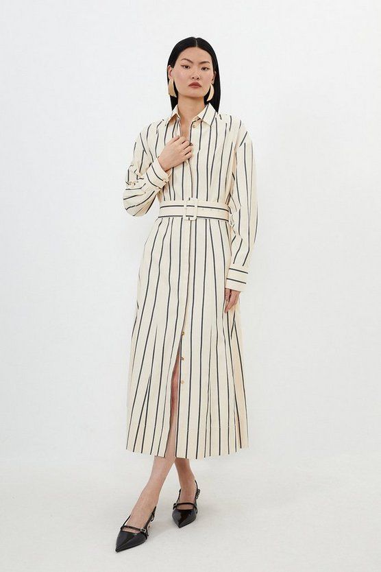 Cotton Stripe Belted Woven Shirt Dress | Karen Millen US