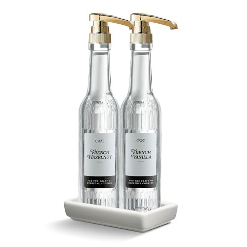 COOK WITH COLOR Glass Coffee Syrup Dispenser with Pump- Set of 2 Syrup Bottles for Coffee Bar, Decorative 350 ML Bottle with Ceramic Holder, Funnel, Labels and Extra Pumps, Textured Clear | Amazon (US)