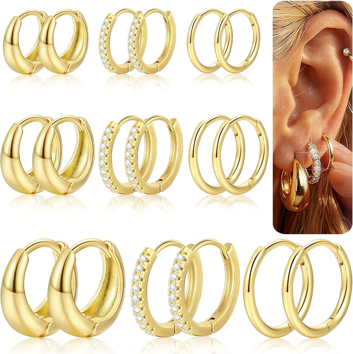 9 Pairs Gold Huggie Hoop Earrings for Women, 14K Gold Plated Stackable Set | Amazon (US)