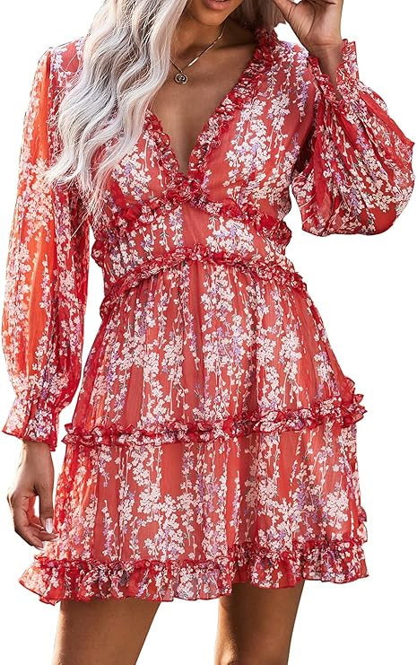 Astylish Womens Sexy Deep V Neck Tie Knot Ruffle Long Sleeve Floral Print Mini Dresses | Amazon (US)