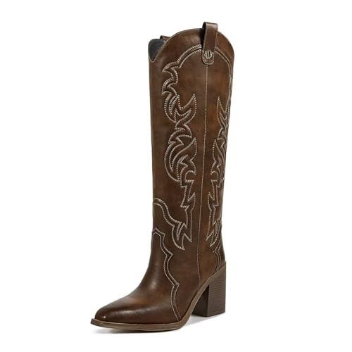 wetkiss Womens Cowgirl Boots Knee High Boots Brown, Embroidered Dark Brown Cowboy Boots for Women Knee High Boots with Chunky Heel Comfort Tall Western Boots for Women | Amazon (US)