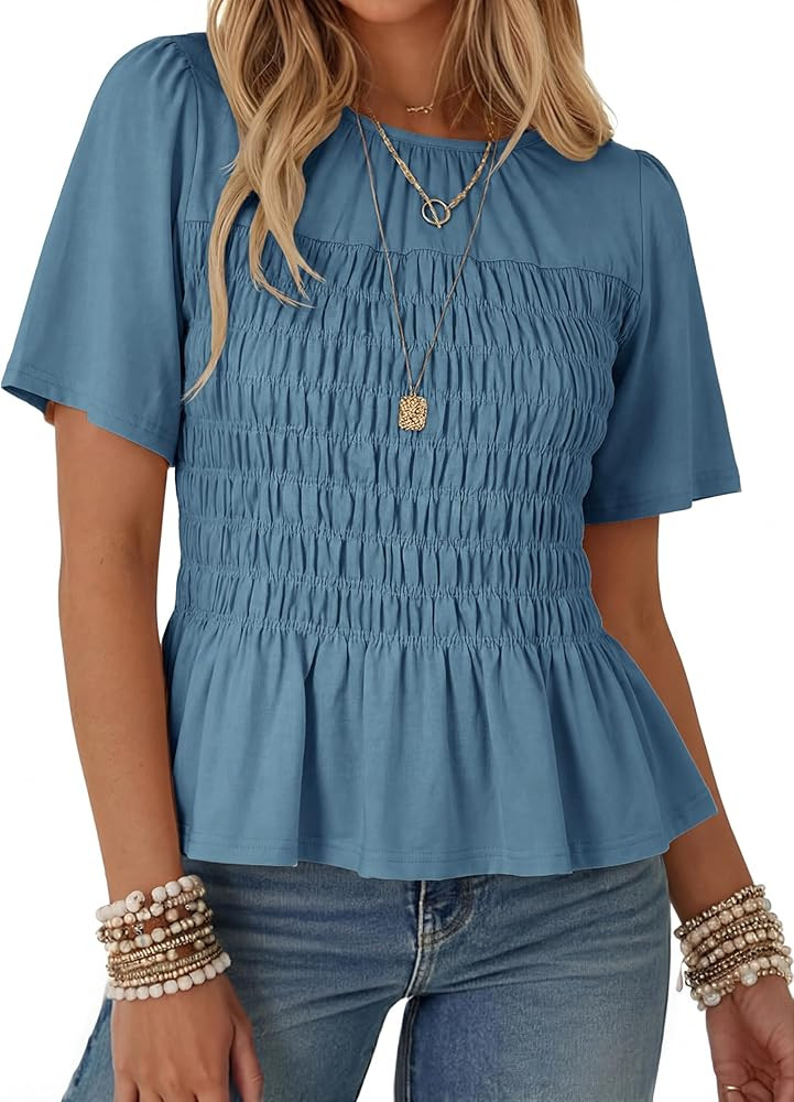 Watashi Women Summer Tops Smocked Elastic Pleated Peplum Ruffle Hem Short Sleeve Babydoll Top Cas... | Amazon (US)