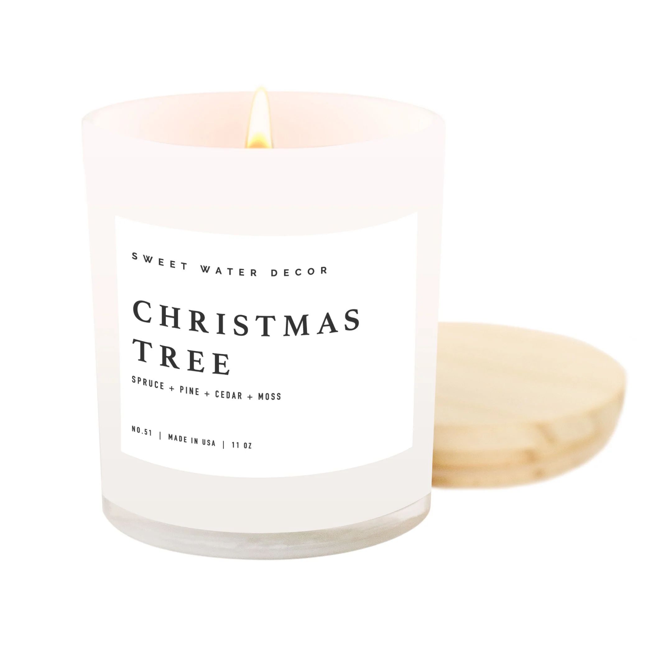 Christmas Tree Soy Candle | White Jar Candle + Wood Lid | Sweet Water Decor, LLC