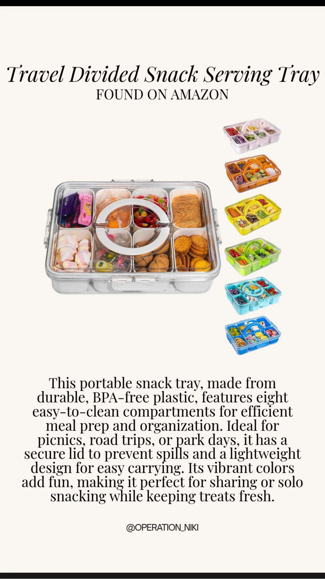 Long car rides and flights are so much easier when you have your snacks completely organized and ready to go. ✈️ This portable container makes prepping a variety of treats incredibly simple, satisfying, and stress-free. This lightweight box features individual divided compartments with a secure, locking lid to keep everything fresh and completely separate while you move. It is perfect for family road trips, outdoor park days, or just organizing your favorite treats at home. 🏠 Plus, it comes in a bunch of fun colors and has a built-in handle that makes carrying it a breeze. ✨



Follow for more @OPERATION_NIKI on IG, TikTok, & Facebook



#AmazonFinds #TravelEssentials #SnackBox #OperationNiki #OrganizedTravel #RoadTripEssentials #SnackTime #AmazonHome #TravelHacks #FamilyTravel 

 #LTKfoodie #LTKHome #LTKTravel