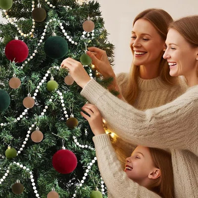 44pcs Velvet Christmas Ornaments Set – 1.57" & 3.15" Flocked Shatterproof Balls With Pre-tied Hanging Strings, Red & Green For Xmas Tree, Holiday, Wed | Wayfair North America