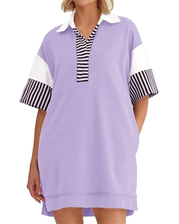 Wenrine Women's Polo V Neck T Shirt Dress Casual Summer Oversized Color Block Short Sleeve Sweats... | Amazon (US)