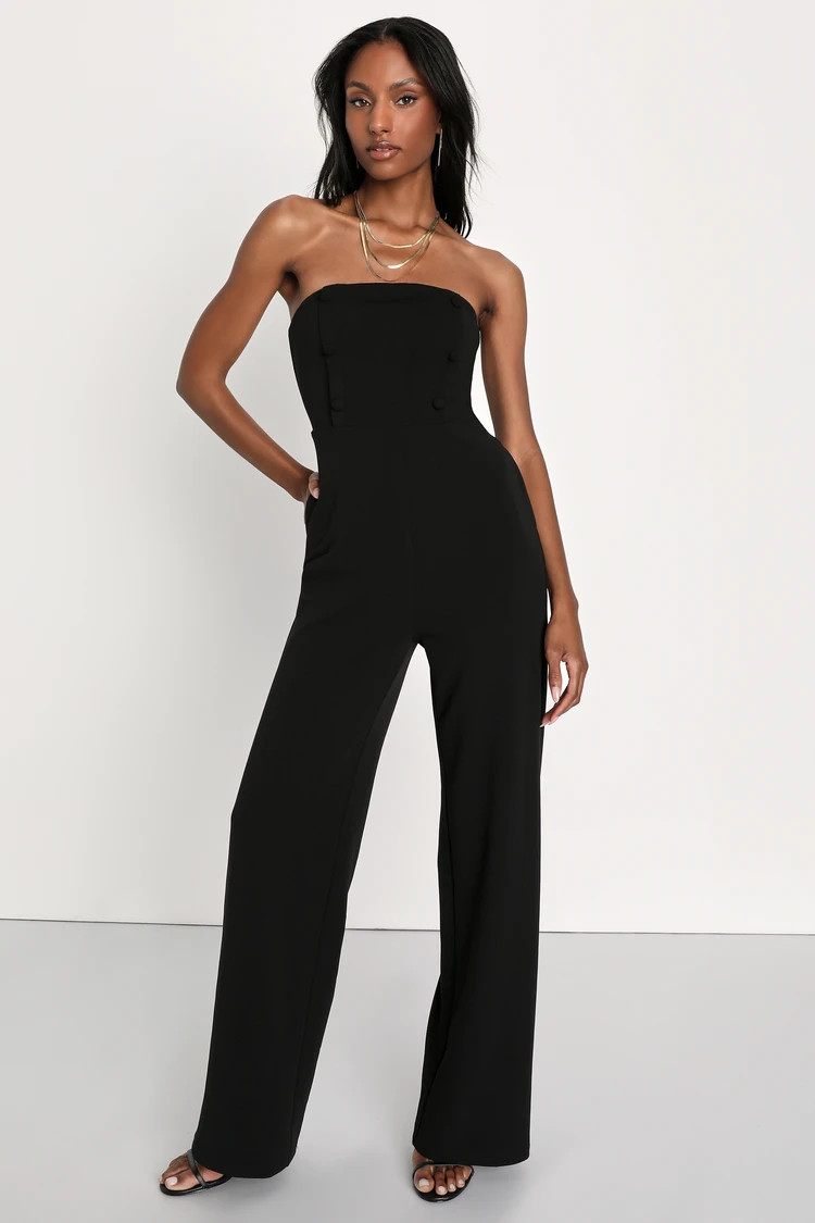 Impeccable Class Black Button-Front Strapless Jumpsuit | Lulus (US)