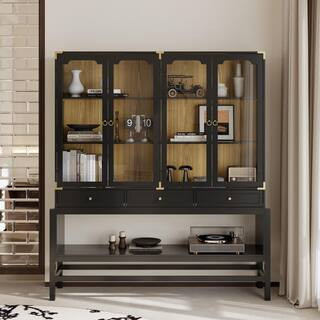 FUFU&GAGA 74.8 in. Tall Black Wood 7-Shelf Standard Bookcases with 4-Glass Doors, 3-Drawers, Open... | The Home Depot
