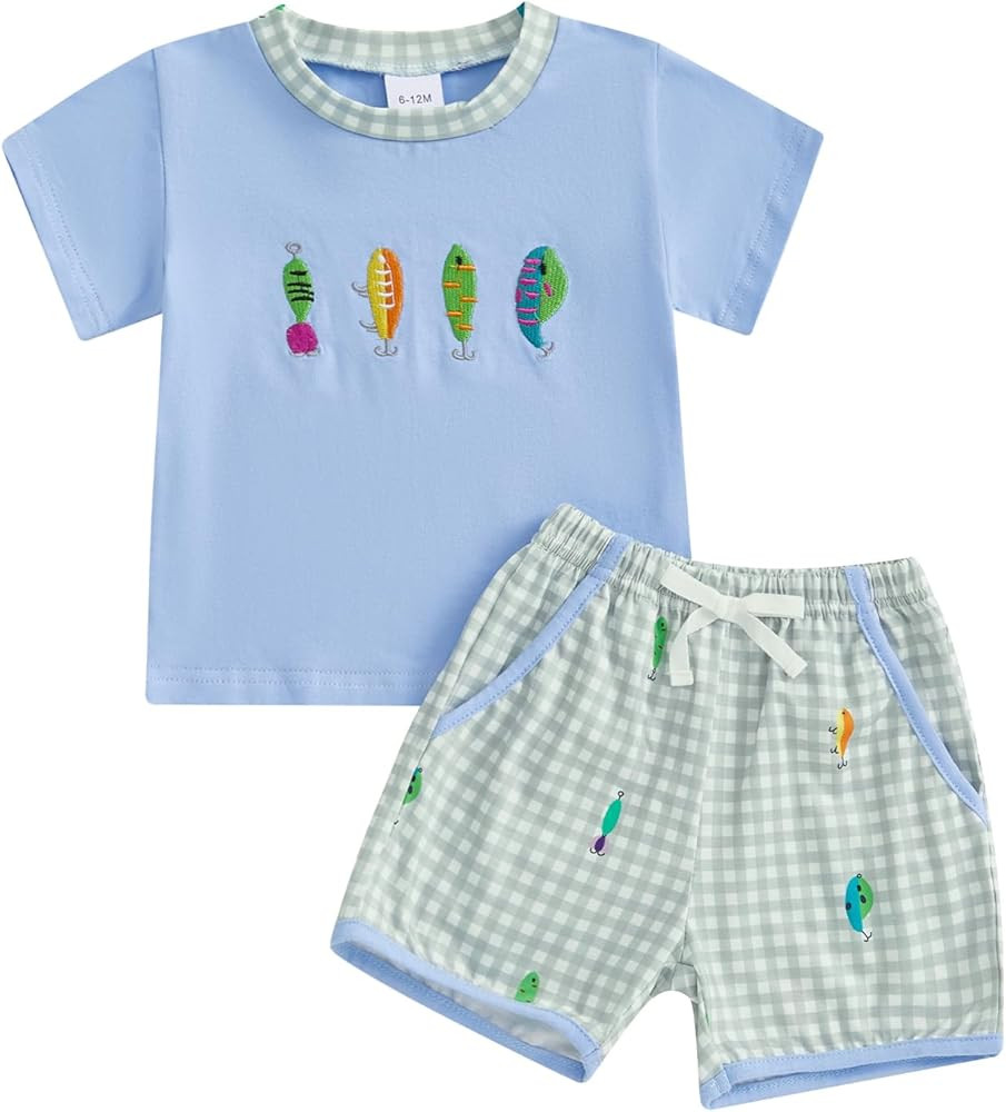 Toddler Baby Boy Summer Outfits Short Sleeve Embroidered T Shirt Tees + Striped/Plaid Shorts Infa... | Amazon (US)