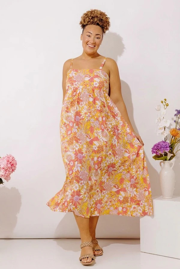 Tranquil Time Floral Midi Dress in Golden Honey Curves | Impressions Online Boutique