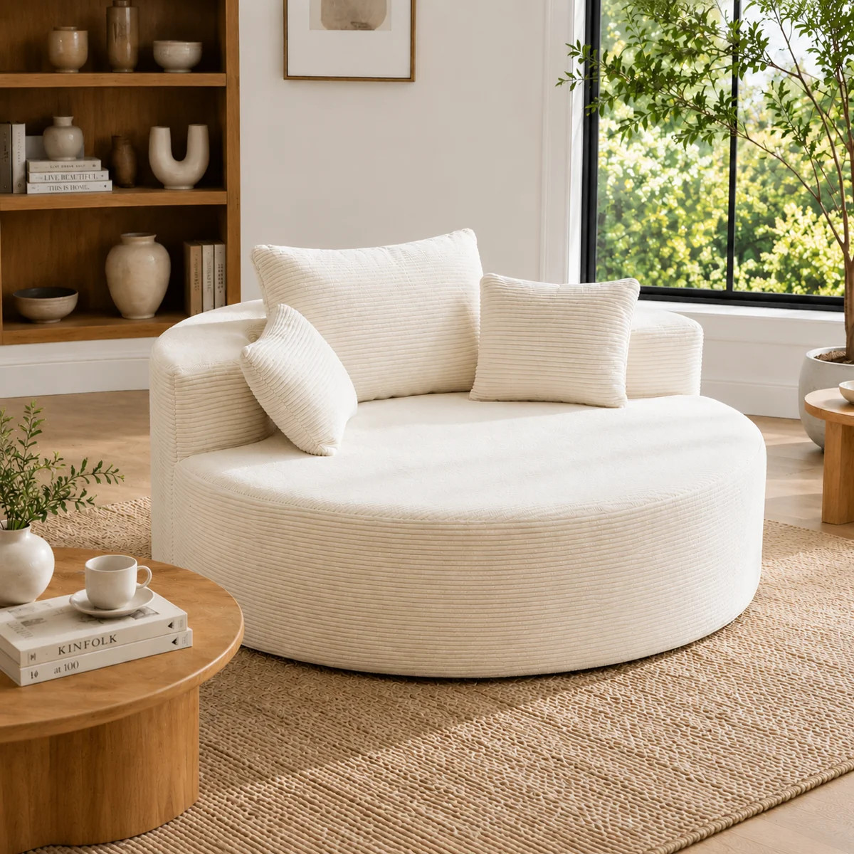 55.5'' Round Corduroy Foam Lounge Chair with Pillows, Oversized Upholstered Floor Sofa for Living... | Wayfair North America