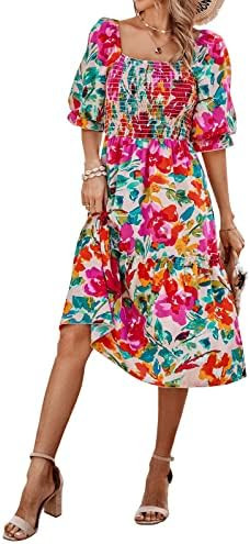 PRETTYGARDEN Women's Summer Casual Midi Dress Spring Puff Sleeve Square Neck A-line Flowy Boho Fl... | Amazon (US)
