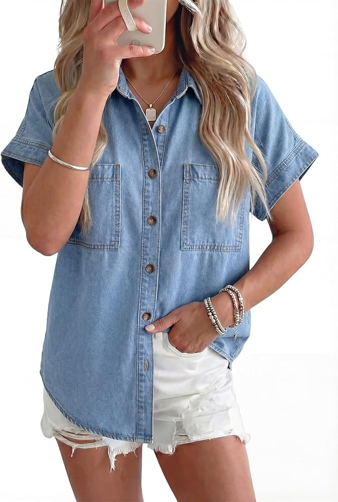 Sidefeel Women's Button Down Denim Shirt Collared Short Sleeve Jean Shirt Blouse with Pockets | Amazon (US)