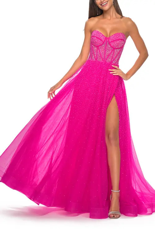 La Femme Rhinestone Embellished A-line Tulle Gown with Corset Top in Hot Fuchsia at Nordstrom, Size 0 | Nordstrom
