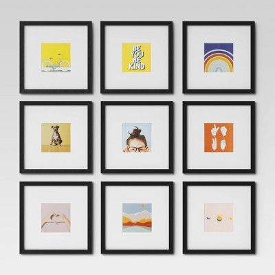 Set of 9 Gallery Frame Set 10" x 10" Matted to 5" x 5" Black - Room Essentials™ | Target