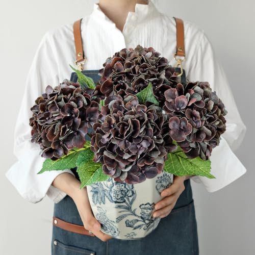 JINWOE Retro Dark Brown Vintage Hydrangea Artificial Flowers,4Pcs 21" Real Touch Artificial Hydrangeas,Vintage Faux Silk Flowers for Bouquet Home Halloween Indoor Cemetery | Amazon (US)
