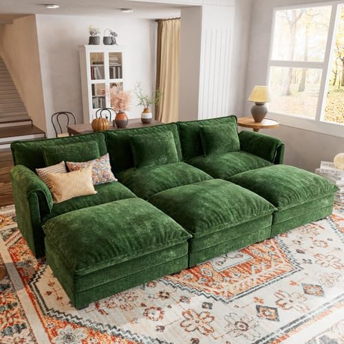 ELUCHANG 113" L Shaped Modular Sectional Couch, Comfy 6-Seat Cloud Couch Sleeper Sofa with Pillow, Deep Seat Sofa Couches for Living Room, Apartment, DIY Combination, Chenille Green | Amazon (US)